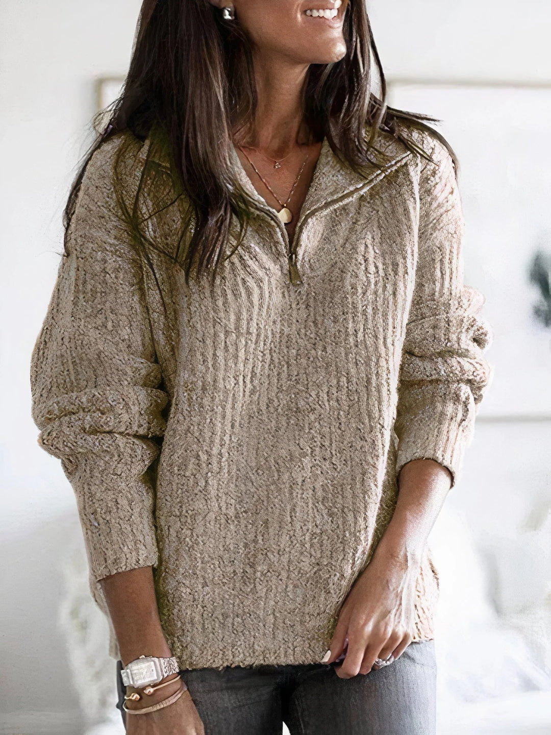 Women’s Sweater with Half Zip and Ribbed Texture