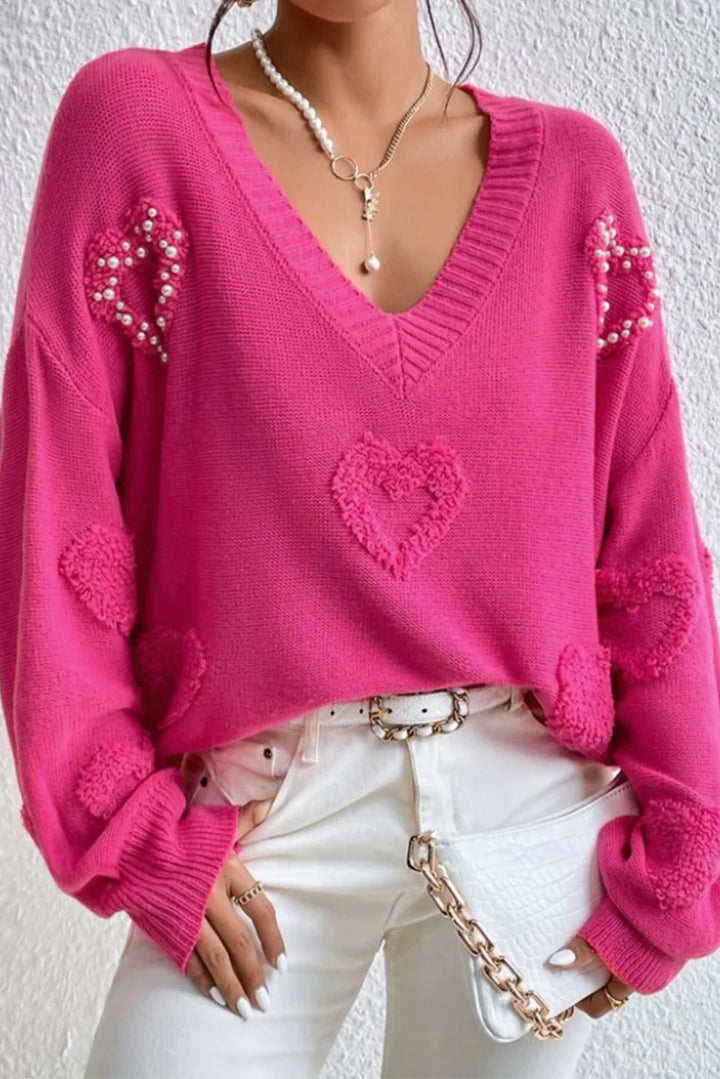 Women’s Sweater with Heart Pattern and V-Neck