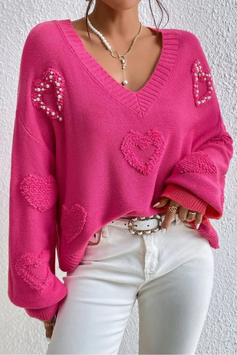 Women’s Sweater with Heart Pattern and V-Neck