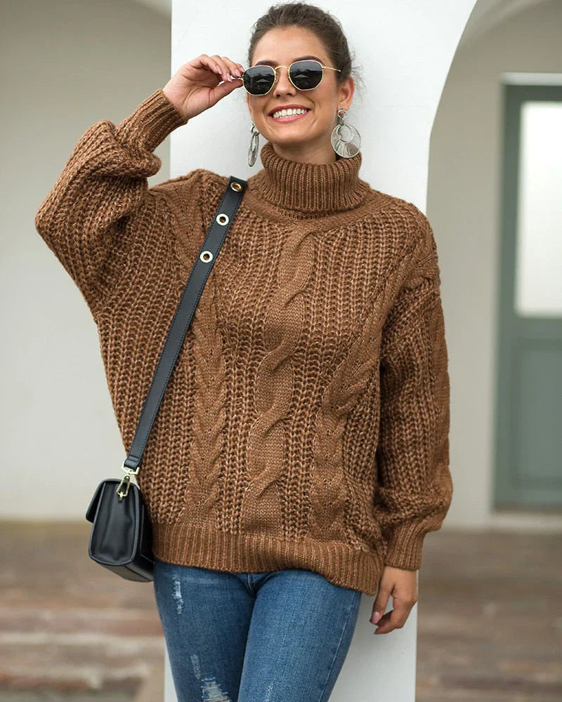 Women’s Sweater with Stand-Up Collar and Cable Pattern
