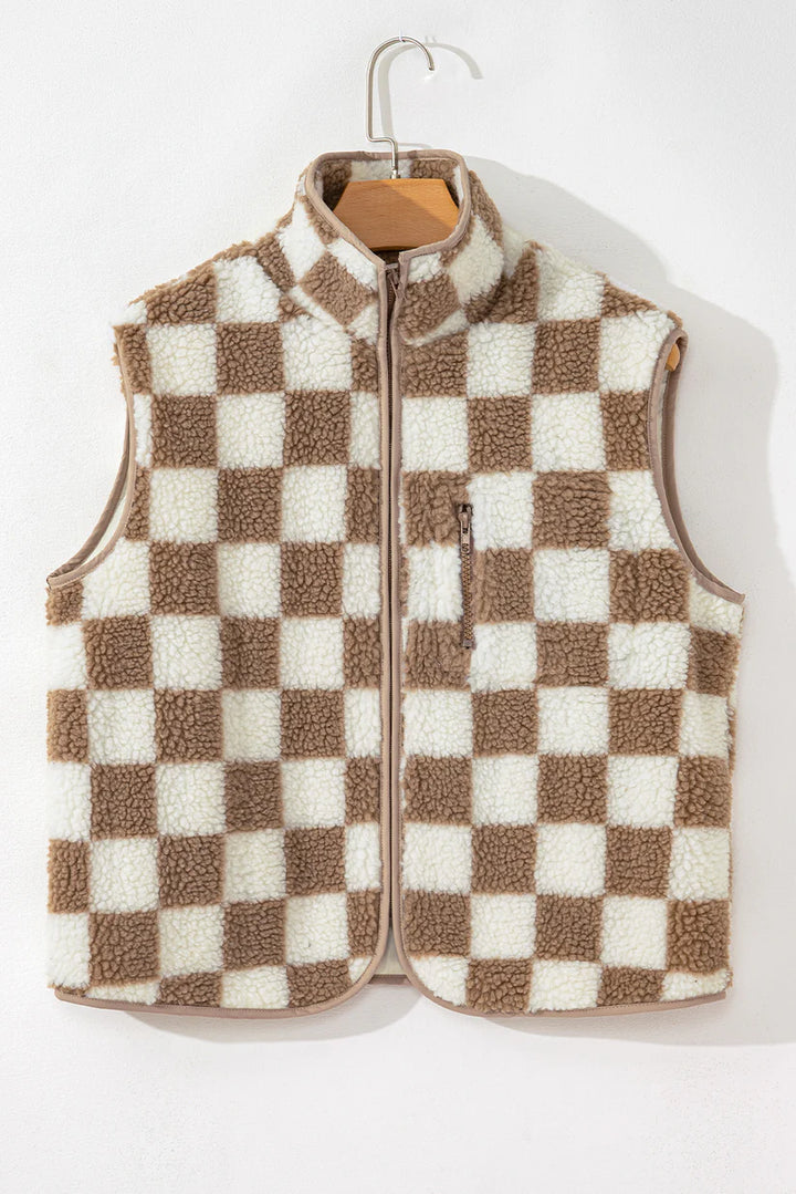 Women’s Vest with Checkered Pattern and Zipper
